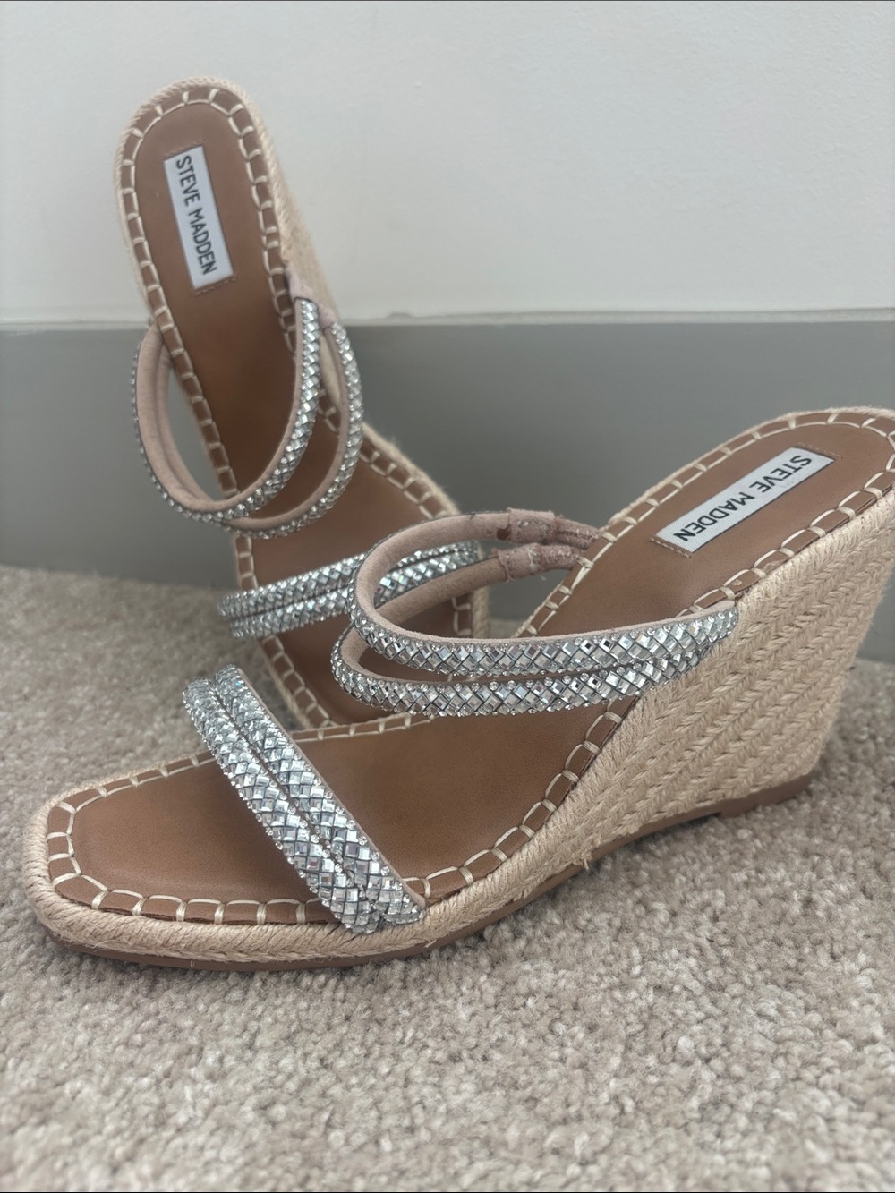 Steve Madden Silver Crystal-Strap Espadrille Wedge Sandals